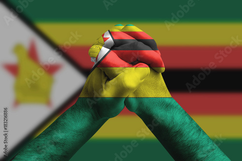 Clasped hands patterned with the Zimbabwe flag, multi purpose concept - isolated on flag background