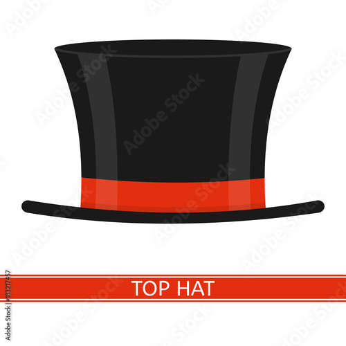 Vector illustration of elegant top hat isolated on white background. Black cylinder with red ribbon in flat style.