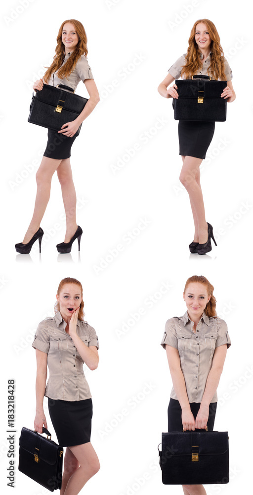 Obraz premium Pretty young employee with briefcase isolated on white