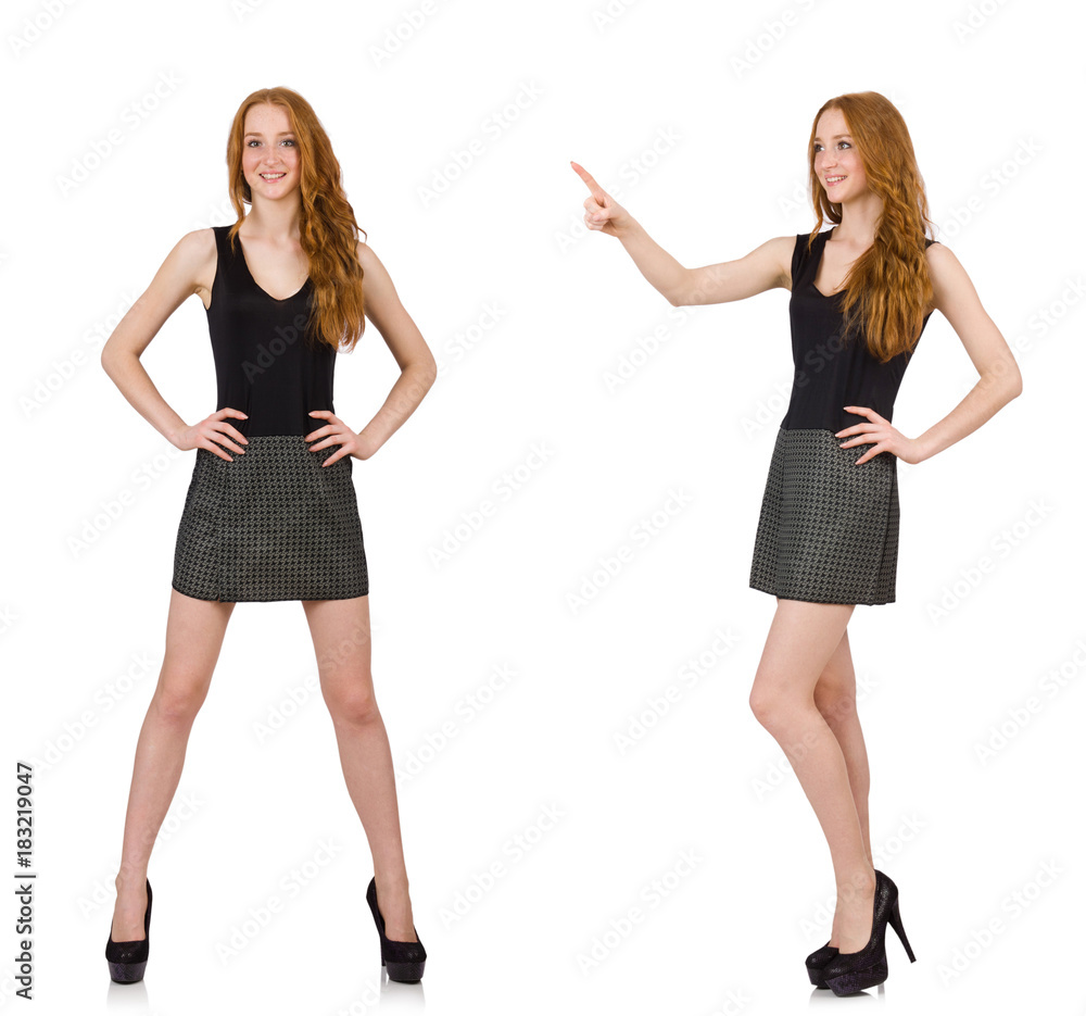 Red hair girl in gray dress isolated on white Red hair girl in gray dress isolated on white
