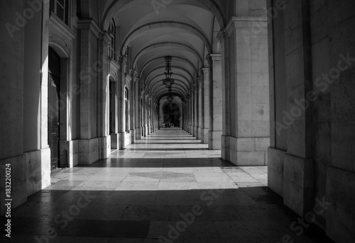 stone archway around the Praça do Comércio in the center of Lisbon, Portugal