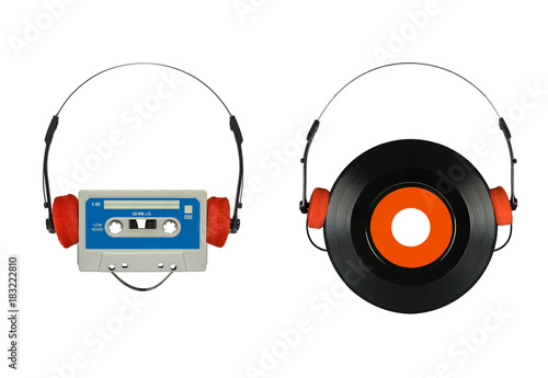 Obraz na płótnie Cinta cassette auriculares disco vinilo
