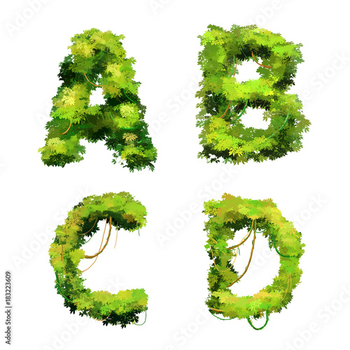 Cute cartoon tropical vines and bushes font on white, A B C D glyphs