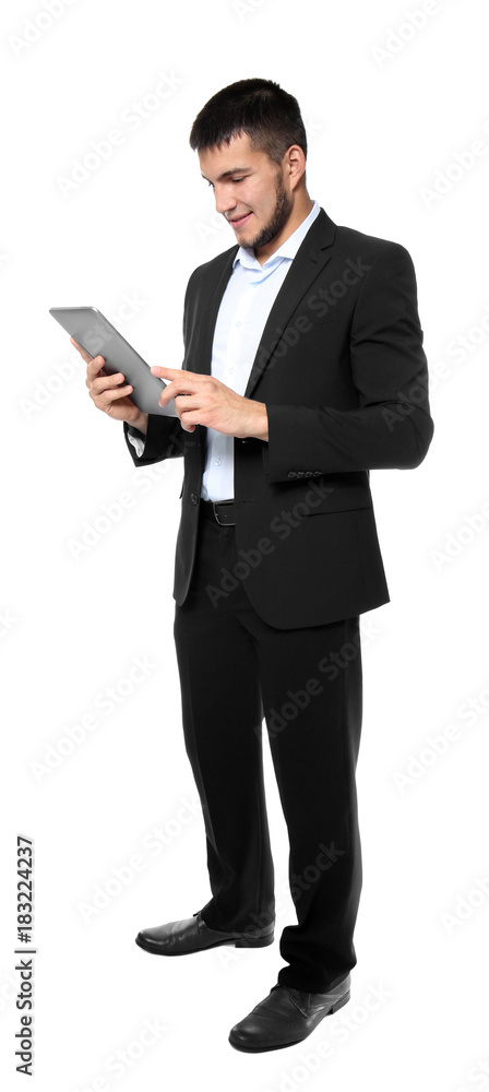Male manager with tablet computer on white background Male manager with tablet computer on white background