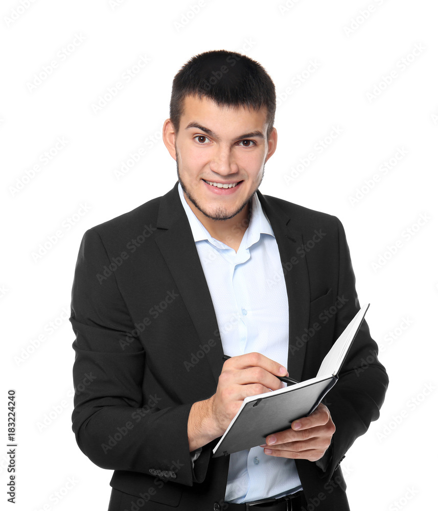 Male manager with notebook on white background Male manager with notebook on white background