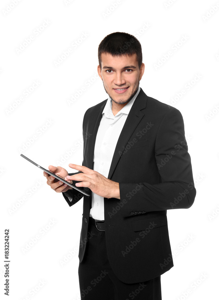 Male manager with tablet computer on white background Male manager with tablet computer on white background