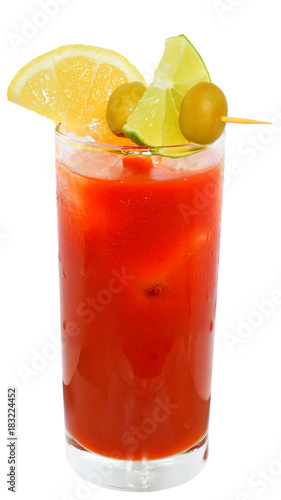 Cocktail bloody mary decorated lime slices and olives isolated