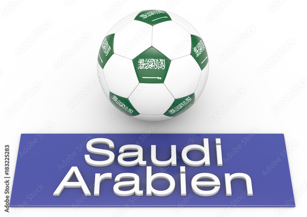 Fußball mit Flagge Saudi Arabien, deutsche Version 2, 3D-Rendering