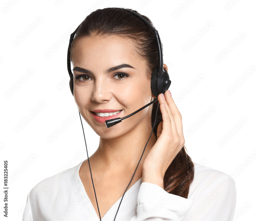 Female consulting manager with headset on white background Female consulting manager with headset on white background