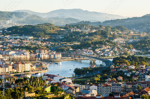 South side of the historical city of Pontevedra from an elevated viewpoint. Highway bridge icwe Lerez river