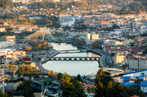 Zoomed view of Lerez river in the city of Pontevedra, in Galicia Spain from an elevated viewpoint.