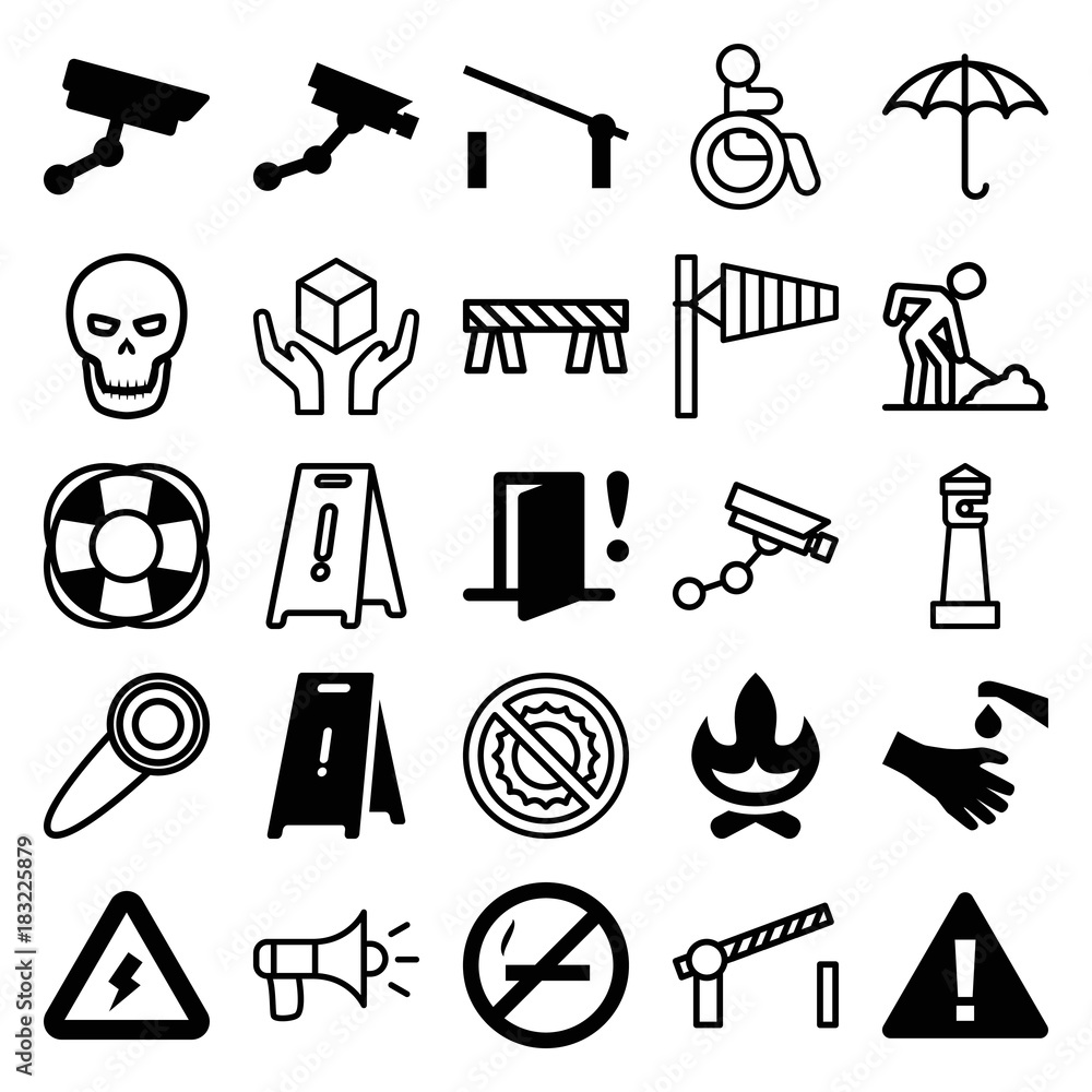 Set of 25 warning filled and outline icons Set of 25 warning filled and outline icons