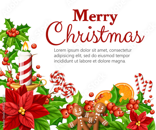 Christmas decoration red poinsettia flower and mistletoe with green leaves gingerbread orange slice cane stick vector illustration isolated on white background with place for your text
