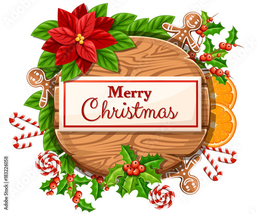 Wooden Christmas board with set of holiday decoration and the inscription with Merry Christmas vector illustration isolated on white background