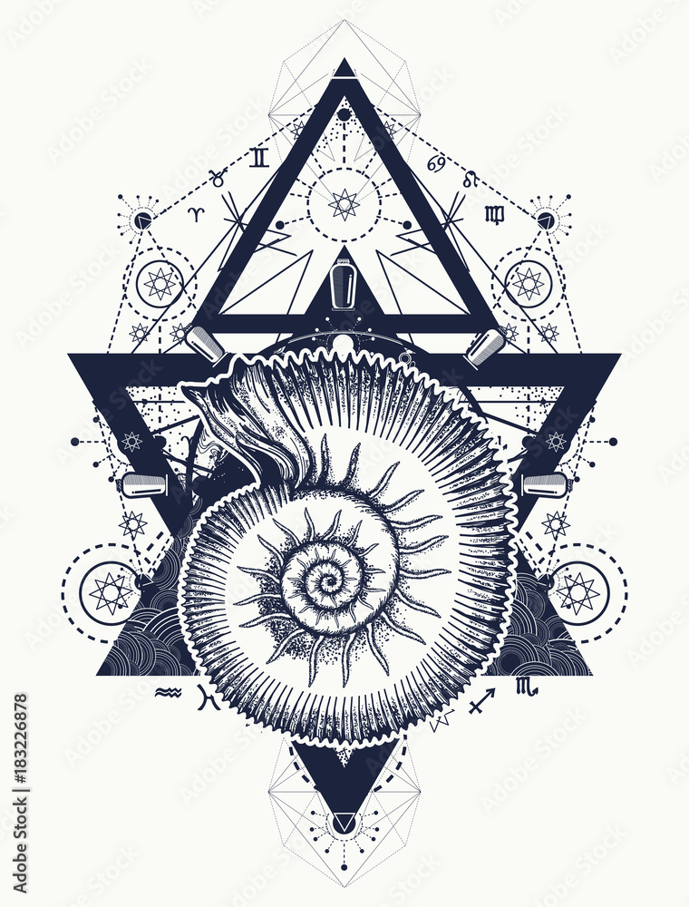 Sea shell tattoo. Symbol of a storm and calm, silence and noise