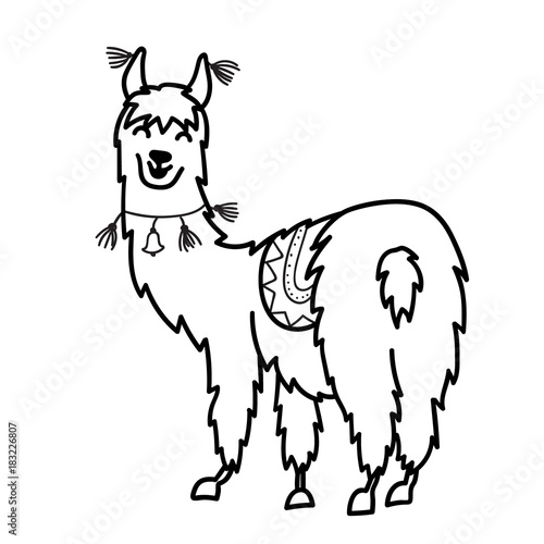 Isolated outline cartoon baby llama. 