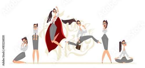 Business girl in different emotions and expressions. Businessperson in casual office look.
