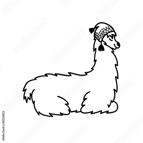 Vector illustration of cute character south America lama in winter hat and scarf. Isolated outline cartoon baby llama. Hand drawn Christmas Peru animal guanaco, alpaca, vicuna. Drawing for print.