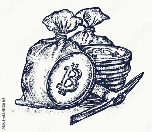 Bitcoin tattoo and t-shirt design. Cryptocurrency bitcoin mining symbol. Golden coins with bitcoin