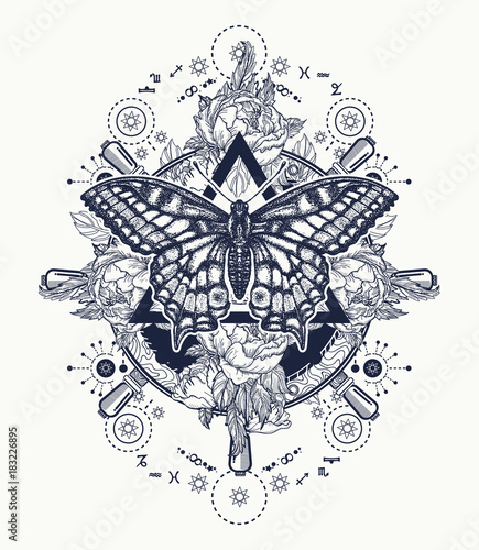 Magic butterfly tattoo art. Freemason and spiritual symbols. Alchemy, medieval religion, occultism, spirituality and esoteric tattoo. Magic butterfly t-shirt design. Roses and the ship's helm