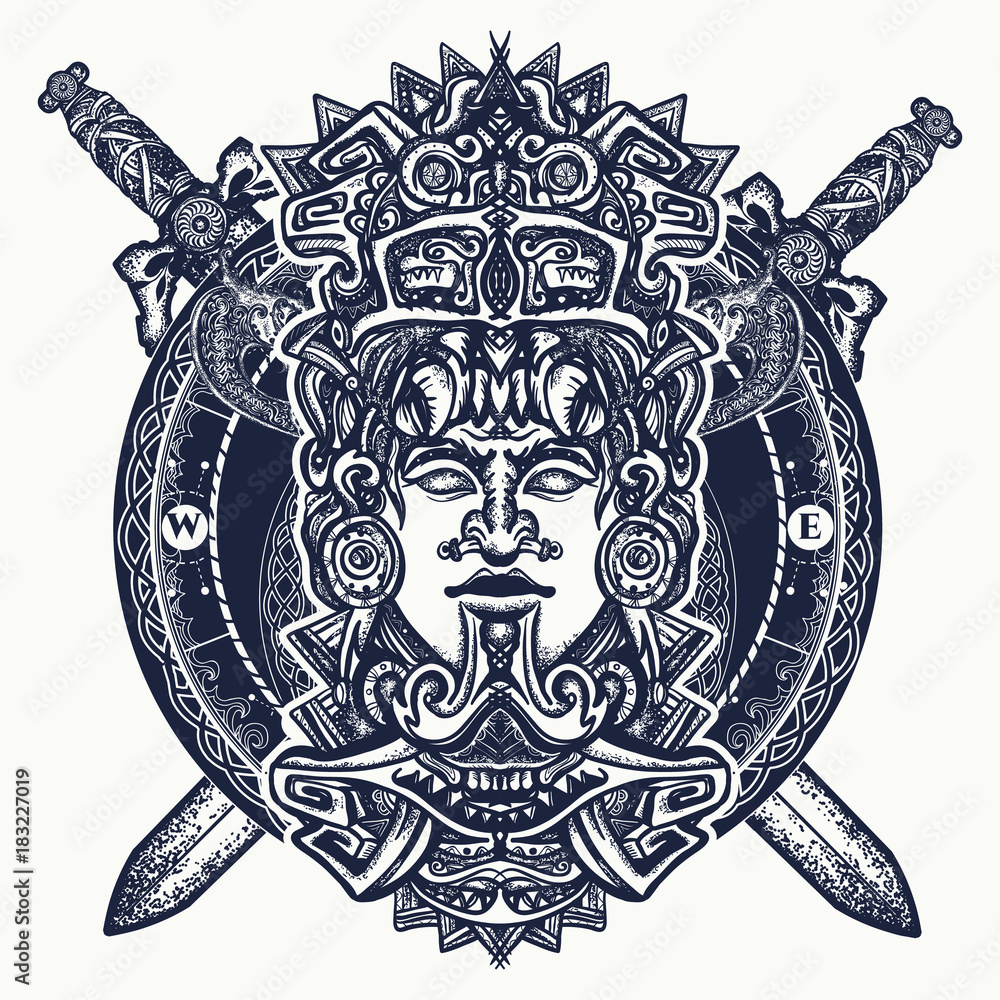 Ancient aztec totem, Mexican god warrior and crossed swords. Ancient Mayan civilization. Indian mayan carved in stone tattoo art. Mayan tattoo and t-shirt design Stock Vector