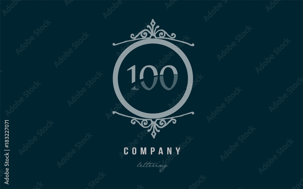 100 one hundred blue decorative monogram number numeral digit logo icon design