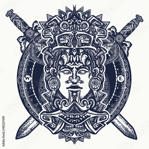 Ancient aztec totem, Mexican god warrior and crossed swords. Ancient Mayan civilization. Indian mayan carved in stone tattoo art. Mayan tattoo and t-shirt design