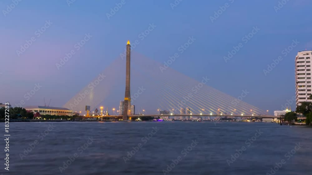 Time lapse Zoom in to Big Suspension bridge with lighting in night time / Rama 8 bridge in night time Time lapse Zoom in to Big Suspension bridge with lighting in night time / Rama 8 bridge in night time
