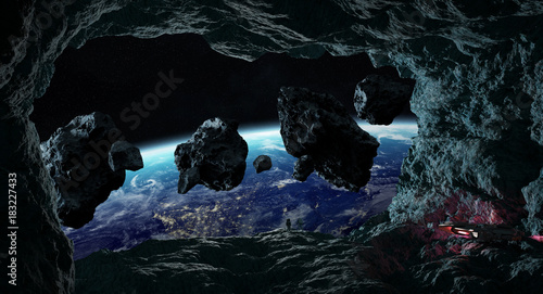 Fototapeta Naklejka Na Ścianę i Meble -  Astronauts exploring a cave in asteroid 3D rendering elements of this image furnished by NASA