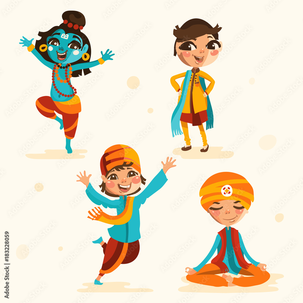 Cute indian kids, boys in traditional indian clothes set, collection.  Cartoon boys characters, beautiful national costumes of India Stock Vector  | Adobe Stock
