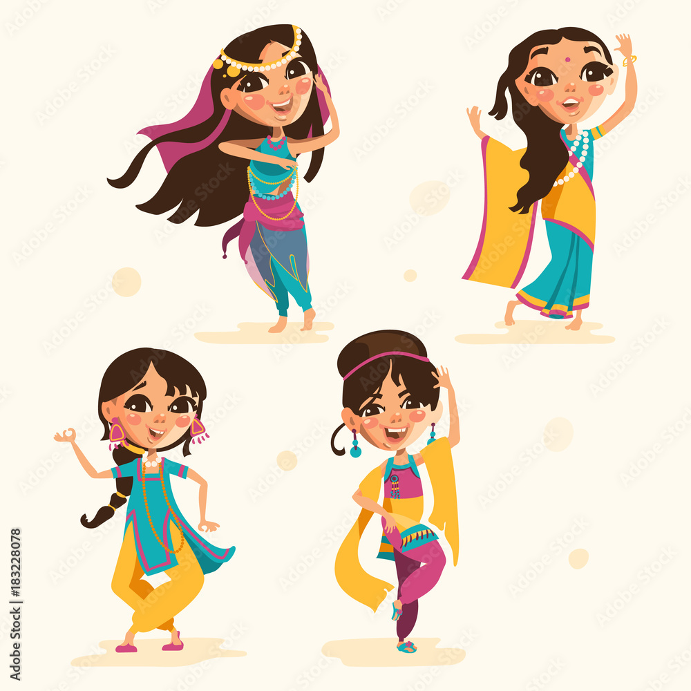 Cute indian kids, girls in traditional indian clothes set, collection.  Cartoon girls character, beautiful national costumes of India Stock Vector  | Adobe Stock