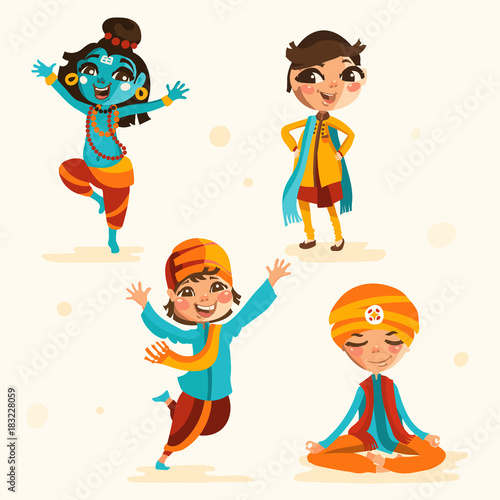 Cute indian kids, boys in traditional indian clothes set, collection. Cartoon boys characters, beautiful national costumes of India