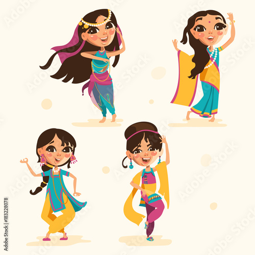 Cute indian kids, girls in traditional indian clothes set, collection. Cartoon girls character, beautiful national costumes of India