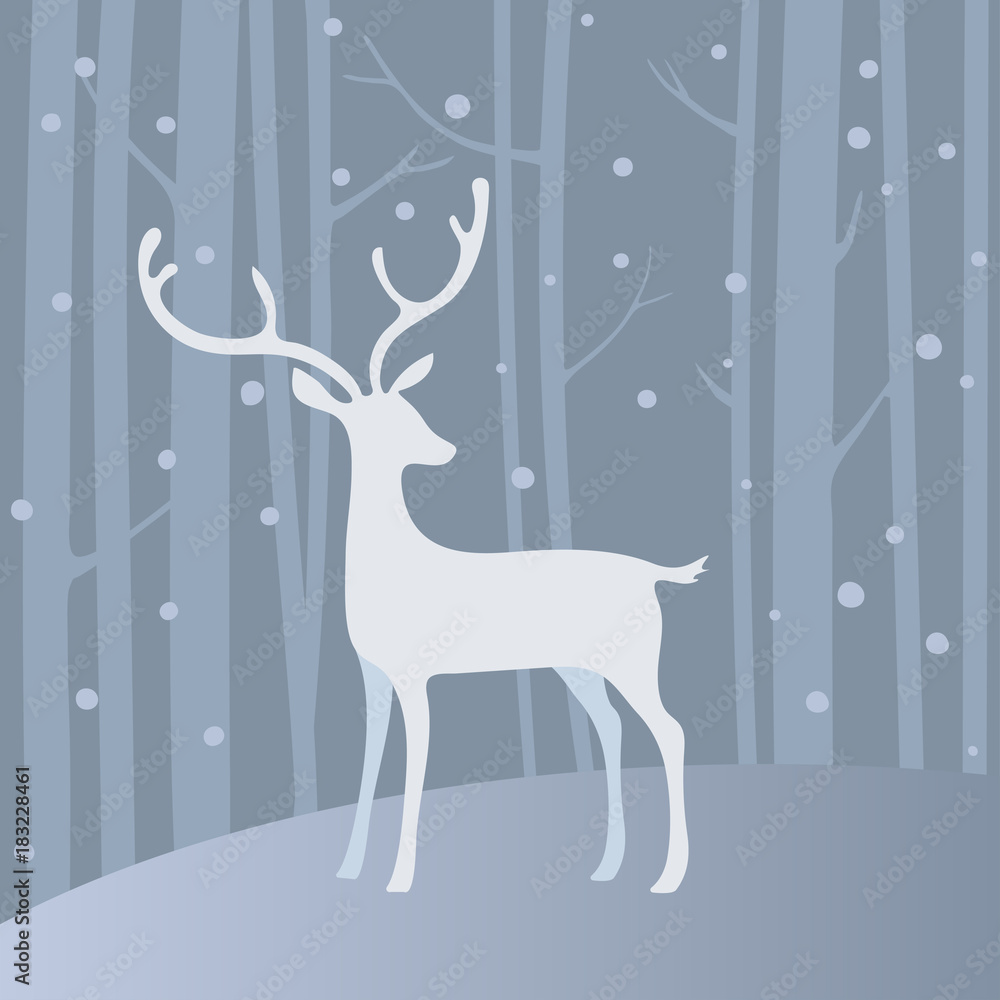 White vector deer in winter forest. White vector deer in winter forest.
