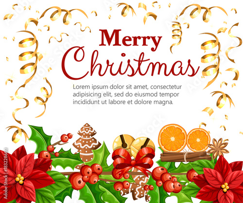 Christmas decoration red poinsettia flower and mistletoe with green leaves gingerbread orange slice canela stick vector illustration isolated on white background with place for your text