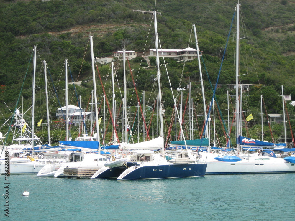 Sailboats in Caribbean harbor