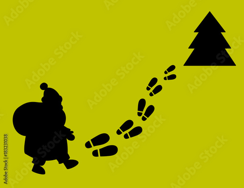 Christmas tree, footprints and Santa Claus. Flat design.