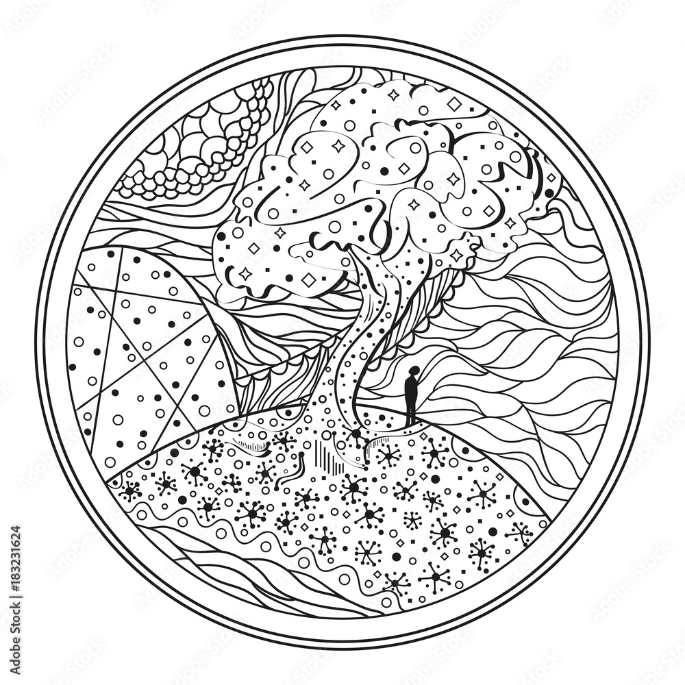 Fototapeta premium Mandala. Tree. Line background. Hand drawn lines. Texture. Abstract pattern. Doodle for design. Design for spiritual relaxation for adults. Print for polygraphy, t-shirts. Black and white wallpaper