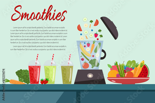 Cooking smoothies. Plate full of vegetables and fruits. Blender food processor