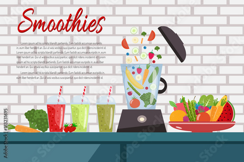 Cooking smoothies. Plate full of vegetables and fruits. Blender food processor