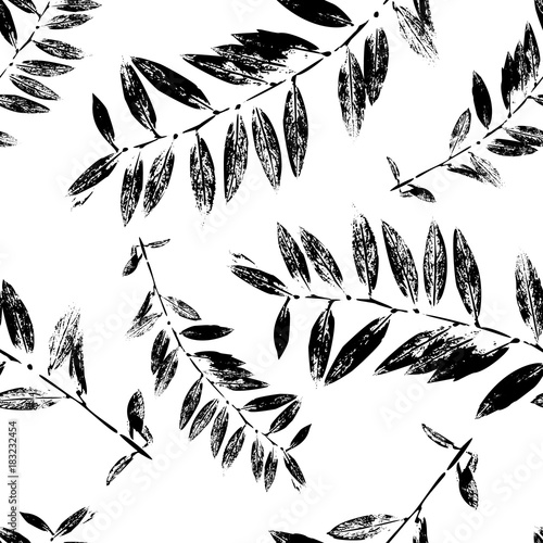 Black and White Abstract leaves silhouette seamless pattern