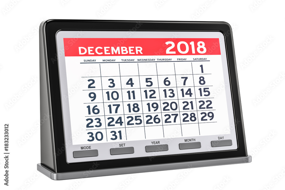 December 2018 digital calendar, 3D rendering December 2018 digital calendar, 3D rendering