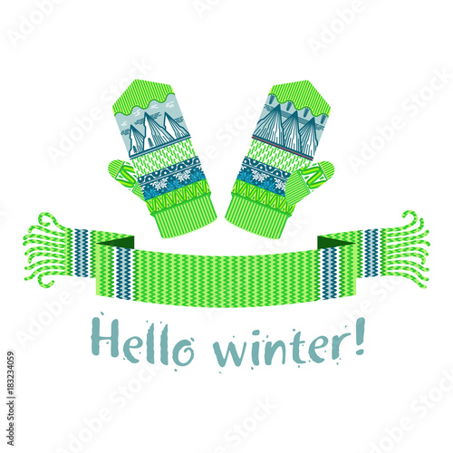 knitted winter scarf and mitten