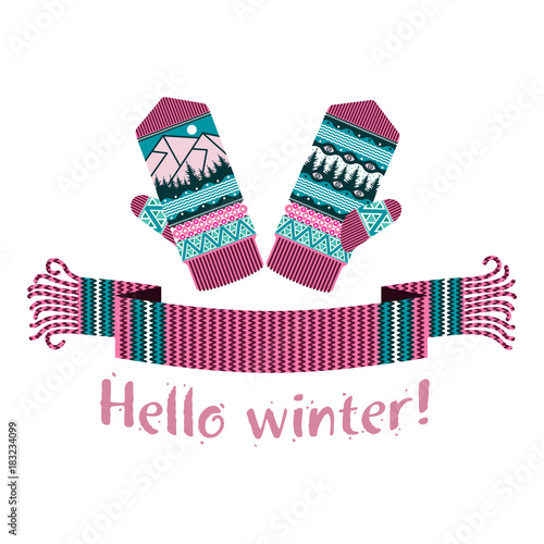 knitted winter scarf and mitten