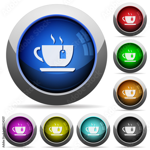 Cup of tea with teabag round glossy buttons