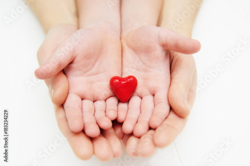 adults and children's hands hold a small red heart. Family, love, parents, children, care, tenderness