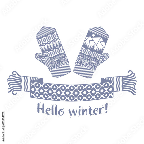 knitted winter scarf and mitten