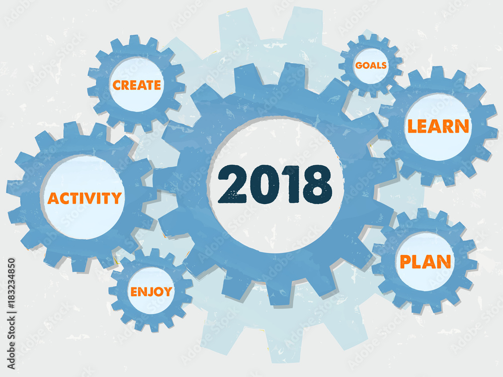 new year 2018 and business conception words in grunge gears infographic, vector