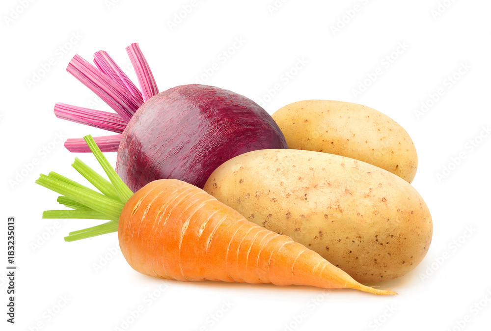 Isolated root vegetables. Raw carrot, potatoes and beetroot isolated on white background with clipping path Isolated root vegetables. Raw carrot, potatoes and beetroot isolated on white background with clipping path