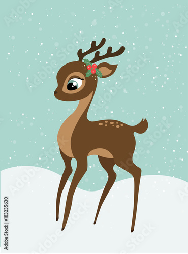 A Christmas baby deer with snowy background, a cute cartoon character.  © BeeRu